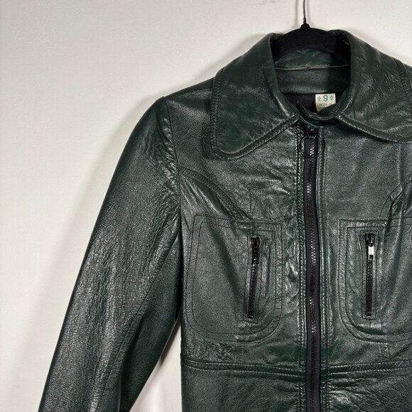 Vintage Leather Zip Jacket Dark Green 70s moto boho Size X Small - Picture 4 of 7